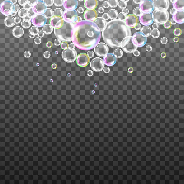 Burbujas de jabón transparentes realistas con elementos de diseño aislados reflexión arco iris. - Foto, Imagen