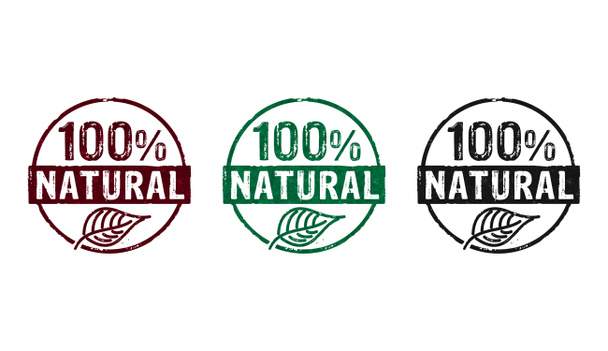 いくつかのカラーバージョンで100%天然スタンプアイコン。生態系、バイオフード、有機的で健康的な食事の概念図. - 写真・画像