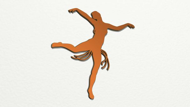 Женщина, танцующая на стене. 3D иллюстрация металлической скульптуры на белом фоне с мягкой текстурой. красивые и молодые - Фото, изображение