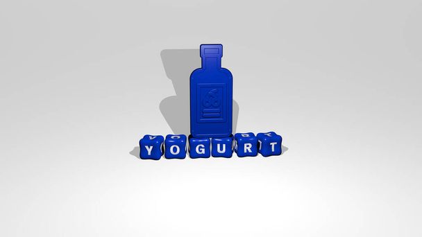 Ilustración 3D de gráficos de yogur y texto realizado por letras de dados metálicos para los significados relacionados con el concepto y las presentaciones. fondo y desayuno
 - Foto, imagen