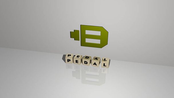 3D-Illustration von Pedalgrafiken und Text aus metallischen Würfelbuchstaben für die damit verbundenen Bedeutungen des Konzepts und der Präsentationen. Fahrrad und Fahrrad - Foto, Bild