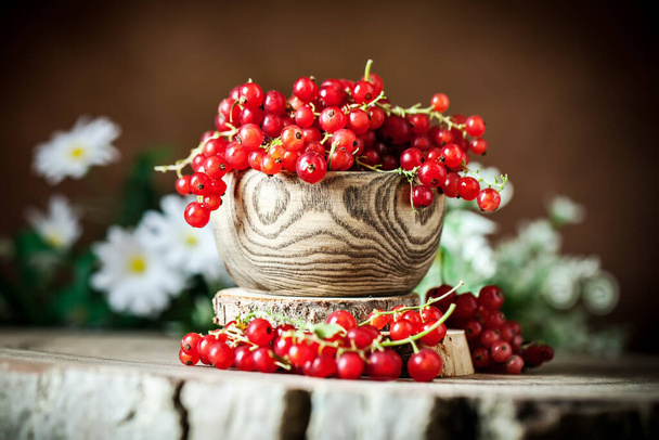 Fresh red currants in plate on dark rustic wooden table. Background with copy space. Selective focus. - Φωτογραφία, εικόνα
