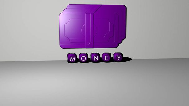A MONEY 3D-s grafikus képe függőlegesen, a felső perspektívából fémes köbbetűkkel épített szöveggel együtt, kiváló a koncepció bemutatásához és a diavetítésekhez. illusztráció és üzlet - Fotó, kép
