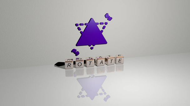 ROTATEの3Dグラフィカル画像は、上面から金属立方体文字で構築されたテキストと縦方向に配置されており、コンセプトプレゼンテーションやスライドショーに最適です。イラストとアイコン - 写真・画像