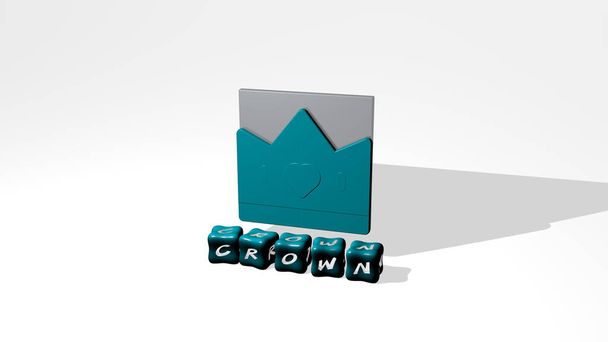 Rappresentazione 3D di CROWN con icona sulla parete e testo disposto da lettere metalliche cubiche su un pavimento a specchio per il significato concettuale e la presentazione di slideshow. illustrazione e sfondo - Foto, immagini