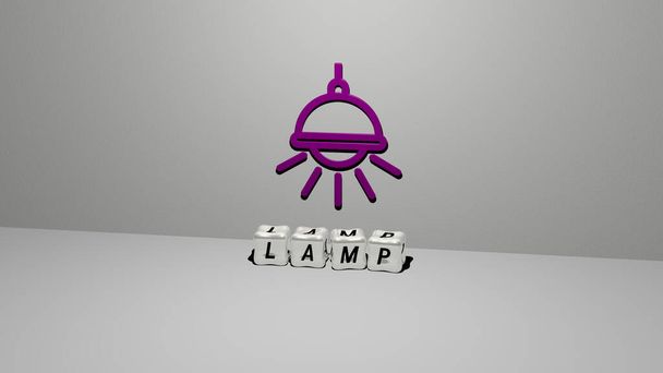 3D ztvárnění LAMP s ikonou na stěně a textem uspořádaným kovovými krychlovými písmeny na zrcadlové podlaze pro koncept významu a prezentaci prezentace. pozadí a ilustrace - Fotografie, Obrázek