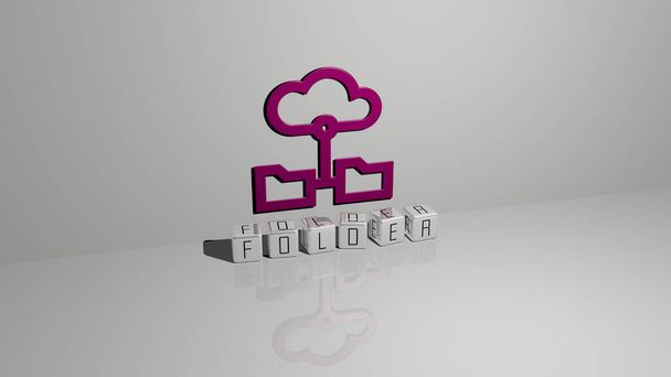 3D αναπαράσταση του FOLDER με εικονίδιο στον τοίχο και κείμενο που διοργανώνεται με μεταλλικά κυβικά γράμματα σε ένα δάπεδο καθρέφτη για έννοια έννοια και παρουσίαση slideshow. απεικόνιση και επιχειρηματικές δραστηριότητες - Φωτογραφία, εικόνα
