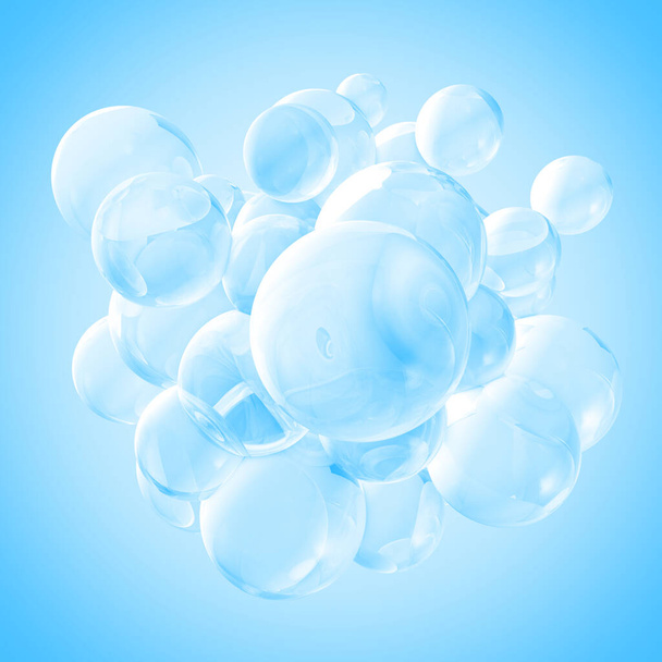 Bulles d'air transparentes recueillies ensemble au centre sur un fond bleu clair. - Photo, image