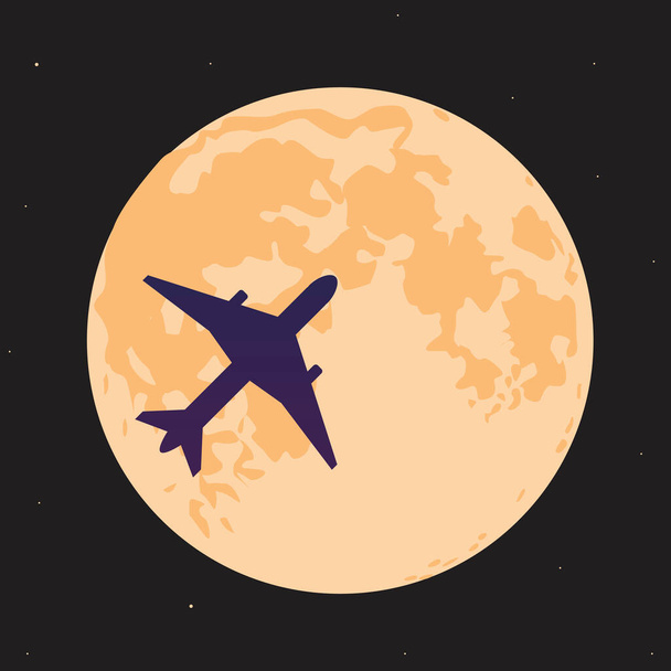 Private plane or plane in the sky against the background of the full moon at night as a concept of tourism, night flights, passenger air traffic. Flat vector stock illustration with airplane and moon - Vector, Image