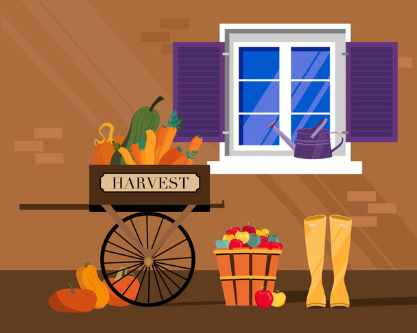 Концепция осеннего сбора урожая с деревянной тележкой, полной тыкв. Фрагмент деревенского дома, окно с жалюзи, бочка с яблоками. Фасад. - Вектор,изображение