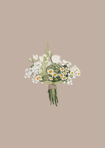 Rustic style bridal bouquet of wildflowers. Wedding floristry. Festive, floral card. White-green bouquet. Chamomile, eustoma and dill flowers. - Vektor, kép