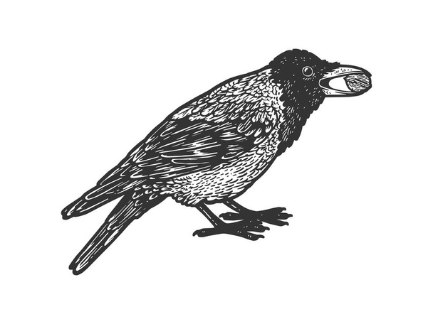 crow and nut sketch engraving vector illustration. T-shirt apparel print design. Scratch board imitation. Black and white hand drawn image. - Vektör, Görsel