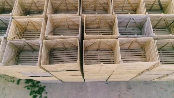 Caixas de madeira vazias dobradas em armazéns, as caixas são projetadas para colher frutas e legumes - Filmagem, Vídeo