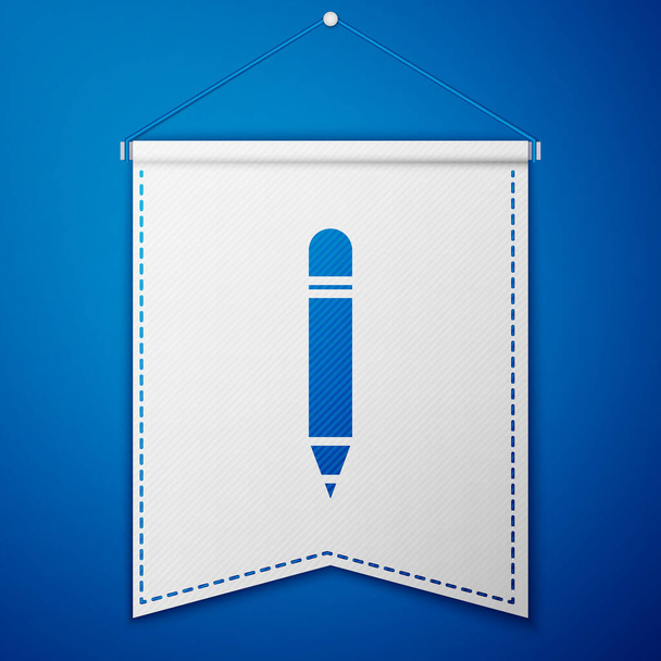 Blue Pencil with eraser icon isolated on blue background. Drawing and educational tools. School office symbol. White pennant template. Vector Illustration. - Вектор,изображение