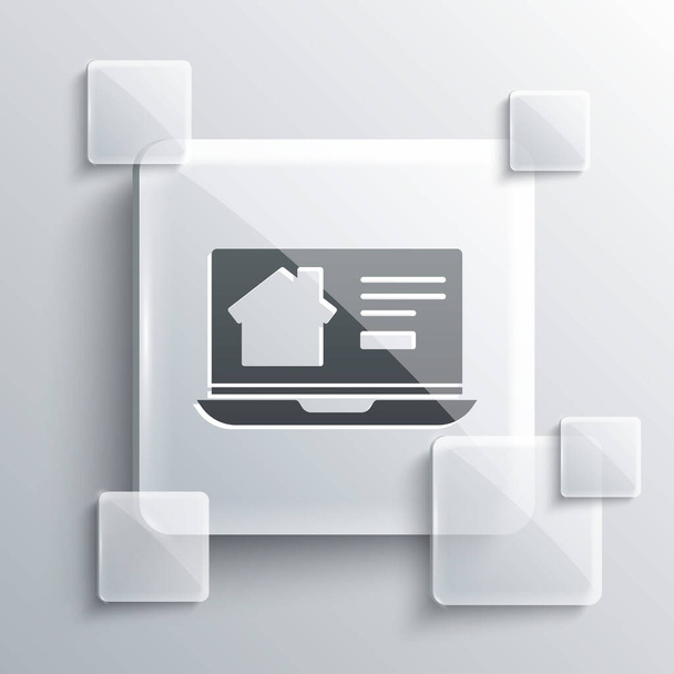 Grey Online realitní dům na notebooku ikonu izolované na šedém pozadí. Koncept úvěru na bydlení, nájem, koupě, koupě nemovitosti. Čtvercové sklo. Vektorová ilustrace. - Vektor, obrázek