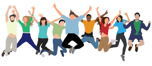 Colorful jumping crowd of people in full growth, isolated on white background. Vector illustration. - Vector, Image