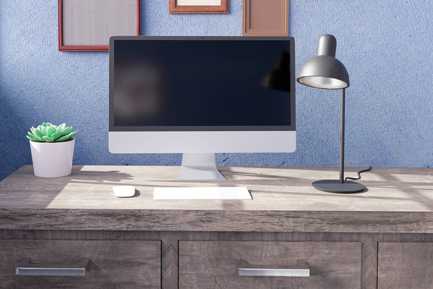 Computer desktop sul tavolo del mockup ufficio rendering 3d. Illustrazione 3d - Foto, immagini