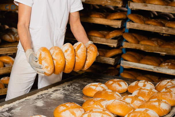 Bread in the hands of a baker on the background of an industrial oven. Industrial bread production - Foto, Imagem