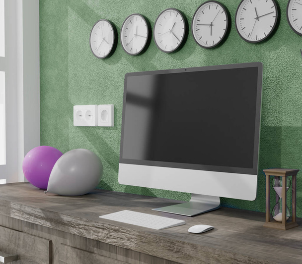 Arbeitsplatz zu Hause mit einem Desktop-Computer 3D-Rendering-Attrappe. Modernes Technologie-Konzept. 3D-Illustration - Foto, Bild
