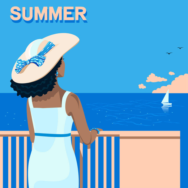 Girls in a hat with a bow and in a tight dress looks at the sea. Flat illustration on summer background. Travel and rest by the sea. Template for invitations, brochures and posters. - Вектор, зображення