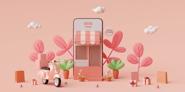 E-commerce concept, Shopping online and delivery service on mobile application, Μεταφορά ή παράδοση τροφίμων με σκούτερ, 3D rendering - Φωτογραφία, εικόνα