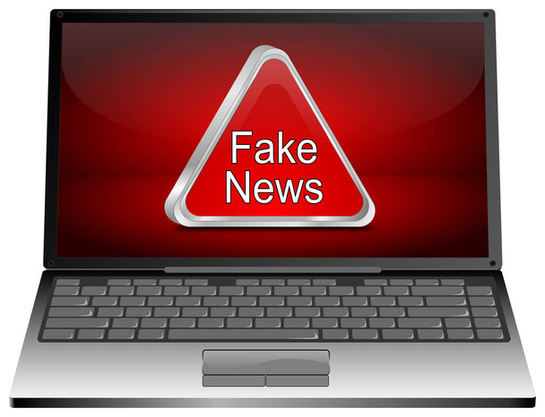 Ноутбук Компьютер с красным предупреждающим знаком Fake News на красном рабочем столе - 3D иллюстрация
 - Фото, изображение