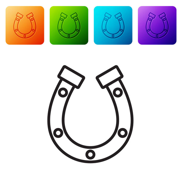 Linea nera Icona a ferro di cavallo isolata su sfondo bianco. Imposta le icone nei pulsanti quadrati a colori. Vettore. - Vettoriali, immagini