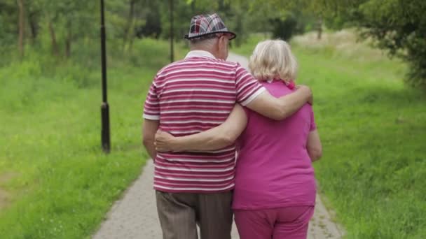 Oudere Kaukasische echtpaar wandelen in het park omarmen. Oudere man loopt met vrouw. Man, vrouw - Video