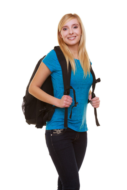 Portrait casual blond smiling girl female student with bag backpack isolated - Φωτογραφία, εικόνα