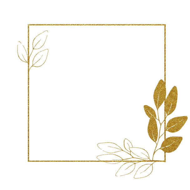 glanzend gouden frame. vierkant frame met gouden eucalyptusbladeren. minimalistisch vintage design voor bruiloft, uitnodigingen, kaarten. cosmetica, parfumerie, schoonheidssalon. glitter clip art - Foto, afbeelding
