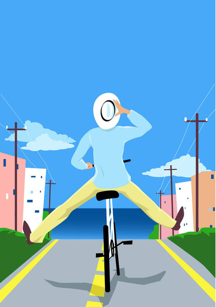 Безтурботний чоловік їде на велосипеді з ногами вгору в повітрі в приморському місті, EPS 8 Векторні ілюстрації
 - Вектор, зображення
