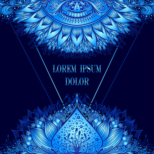 Herablassende Vorlage eines abstrakten dekorativen Elements im Boho Eastern Ethnic Stil oder Mandala in Blau für die Werbung für Kosmetik oder Parfüm oder Hygieneartikel oder Tee - Vektor, Bild