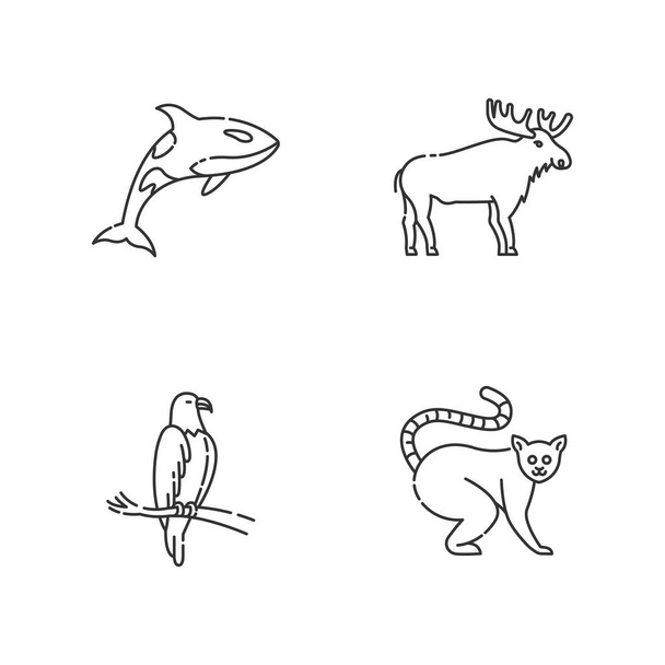Different animal species pixel perfect linear icons set. Killer whale, exotic lemur, eagle and elk customizable thin line contour symbols. Isolated vector outline illustrations. Editable stroke - Wektor, obraz