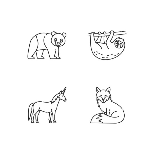 Common and fantasy animals pixel perfect linear icons set. Panda bear, sloth, fox and magic unicorn customizable thin line contour symbols. Isolated vector outline illustrations. Editable stroke - Vector, Image