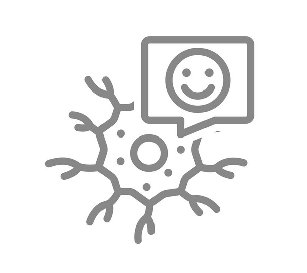 Neuron met gelukkig gezicht in spraakbel lijn icoon. Gezond neuraal weefselsymbool - Vector, afbeelding