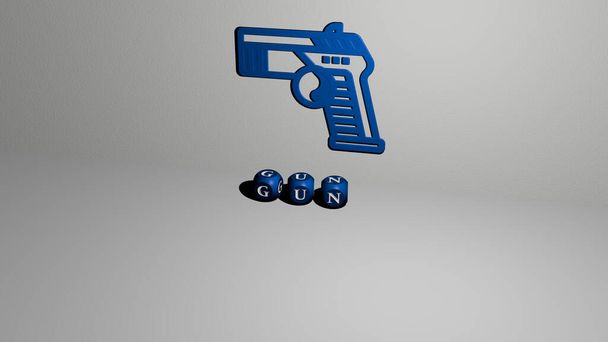 3D графическое изображение пистолета вертикально вместе с текстом, построенным металлическими кубическими буквами с верхней точки зрения, отлично подходит для презентации концепции и слайд-шоу. иллюстрация и фон - Фото, изображение