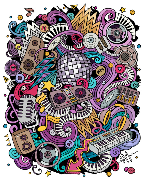Γελοιογραφία raster doodles Disco μουσική απεικόνιση. Φωτεινά χρώματα μουσική εικόνα - Φωτογραφία, εικόνα