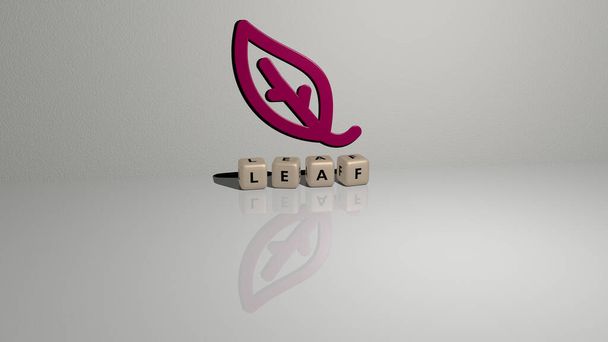 3D-kuva LEAF-grafiikasta ja tekstistä, joka on tehty metallisilla noppakirjaimilla konseptin ja esitysten asiaankuuluviin merkityksiin. tausta ja vihreä - Valokuva, kuva
