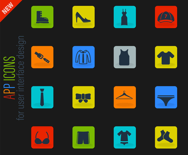 Kleidung Vektor Farbe Web-Symbole auf dunklem Hintergrund für die Benutzeroberfläche-Design - Vektor, Bild