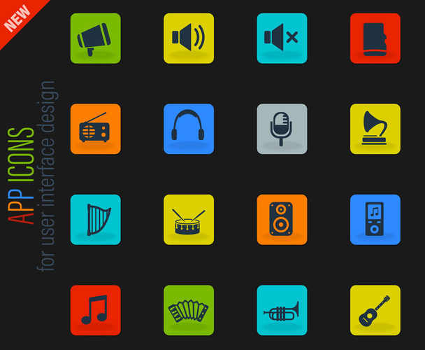 Musik-Vektor-farbige Web-Icons auf dunklem Hintergrund für das Design der Benutzeroberfläche - Vektor, Bild