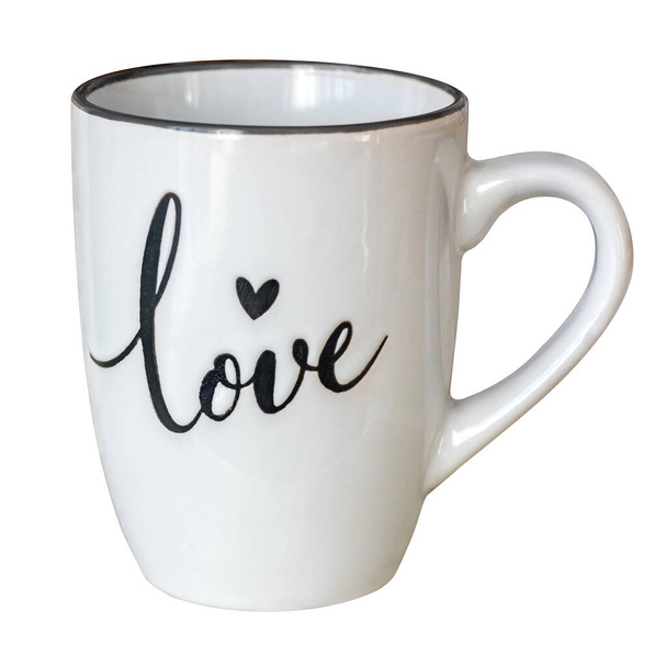 A white cup with the inscription love on a white isolated background. A gift for a loved one - Valokuva, kuva