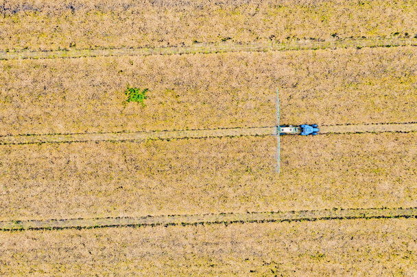 Αεροφωτογραφία με θέα από ιπτάμενο drone μιας γης με φυτεμένα πράσινα χωράφια στην εξοχή την ανοιξιάτικη μέρα. Γη με καλλιεργούμενα φυτά ορυχείου - Φωτογραφία, εικόνα