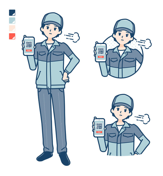 A Man wearing workwear with cashless payment on smartphone Troubled images - Vector, afbeelding