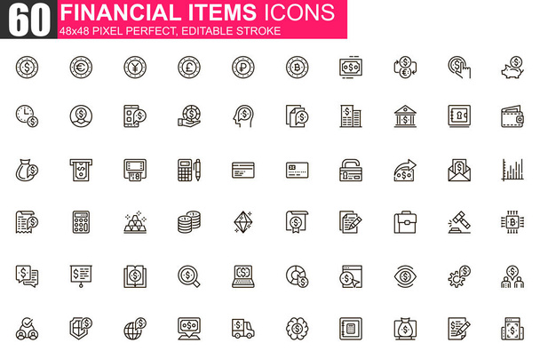 Financial items thin line icon set. Money exchange and stock trading outline pictograms for website and mobile app GUI. Economy simple UI, UX vector icons. 48x48 pixel perfect linear pictogram pack. - Vector, Image