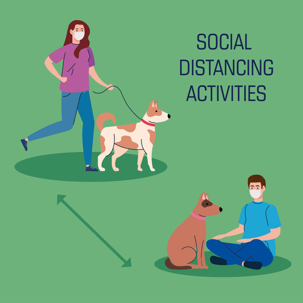 κοινωνικές δραστηριότητες αποστάσεων, ζευγάρι με τα σκυλιά, να κρατήσει απόσταση στη δημόσια κοινωνία για την προστασία από covid 19 - Διάνυσμα, εικόνα