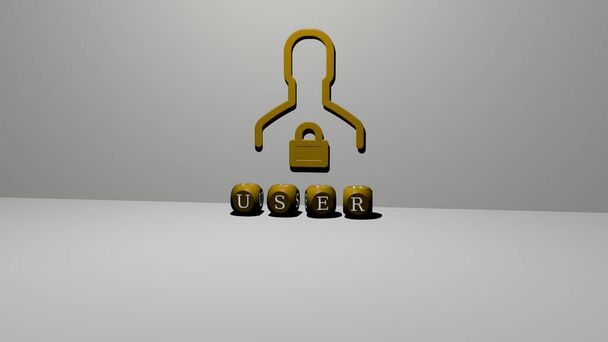 3D reprezentacja USER z ikoną na ścianie i tekstem ułożonym metalicznymi literami sześciennymi na podłodze lustra dla znaczenia koncepcyjnego i prezentacji pokazu slajdów. Ilustracja i interfejs - Zdjęcie, obraz
