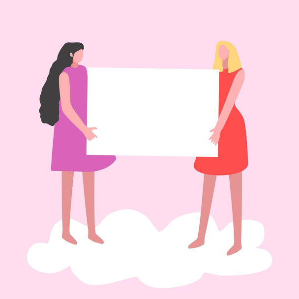 Két lány tart egy posztert fénymásolási hellyel. Vektor illusztráció nőkkel. Szociális hálózatok anyaga. Feminizmus téma. Lányok képpel a kezükben. Szabad hely az sms-nek. A levelek háttere. - Vektor, kép