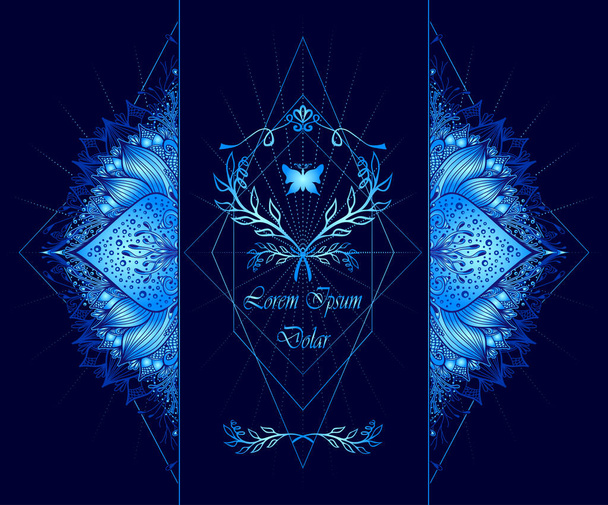 Herablassende Vorlage eines abstrakten dekorativen Elements im Boho Eastern Ethnic Stil oder Mandala in Blau für die Werbung für Kosmetik oder Parfüm oder Hygieneartikel oder Tee - Vektor, Bild