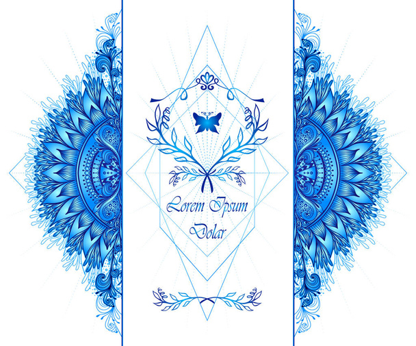 Modello di degnazione di elemento decorativo astratto in stile etnico orientale Boho o Mandala in blu per la pubblicità di cosmetici o profumi o prodotti per l'igiene o tè - Vettoriali, immagini