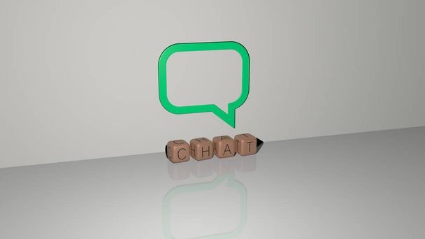 3D-Illustration von Chat-Grafiken und Text aus metallischen Würfelbuchstaben für die damit verbundenen Bedeutungen des Konzepts und der Präsentationen. Ikone und Kommunikation - Foto, Bild